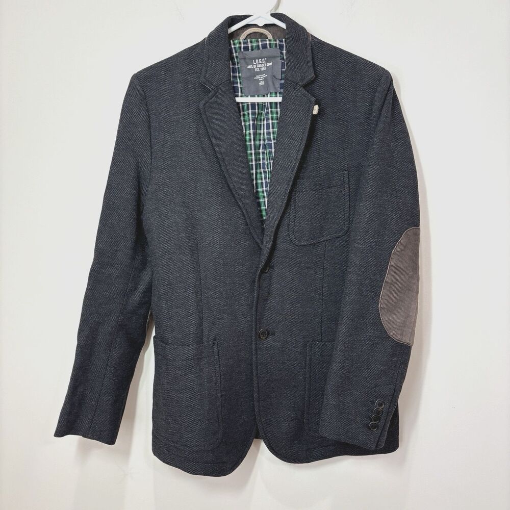 HM L.O.G.G. Wool Blend Blazer Men S Gray Elbow Patch Jacket Dark Academia Preppy